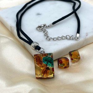 Italian Murano Glass Pendant Necklace & Earrings Set In Sterling Silver
